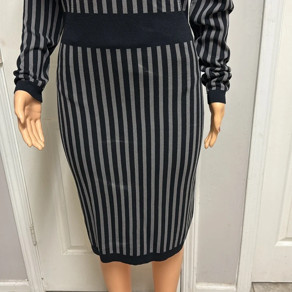 Y.A.S. Long Sleeve, Ribbed Knit Dress with Black and Grey Eegant Striped Dress - Picture 9 of 16
